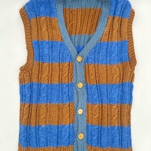 Unisex Hand Knit Sweater Vest Sleeveless Blue Rust Cable Cardigan Boho Retro